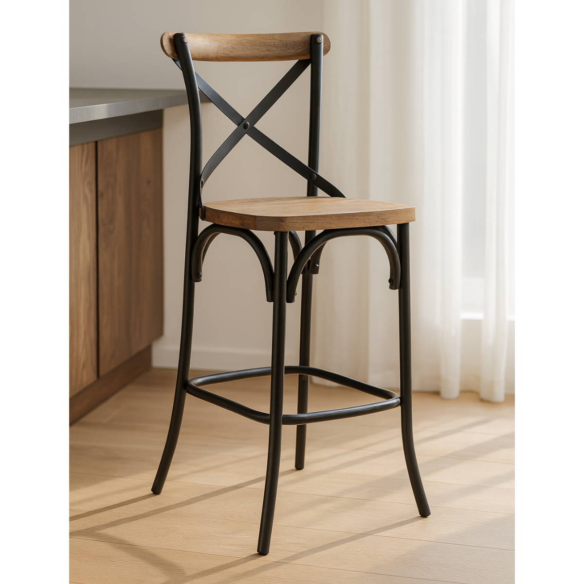 DL CROSS Black vintage Wooden indoor bar stool